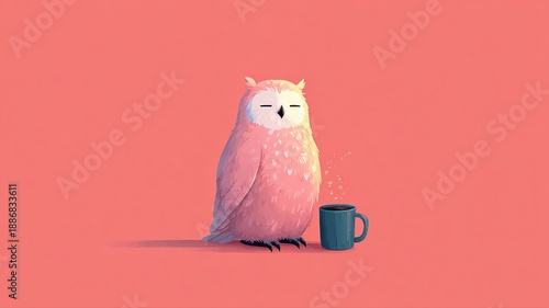Wallpaper Mural Cute Pink Owl Enjoying a Warm Drink in a Vibrant Background Torontodigital.ca