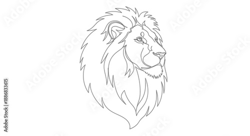 Striking single line art illustration of a majestic lion's head in profile, showcasing its regal mane and powerful features, perfect for logos and designs