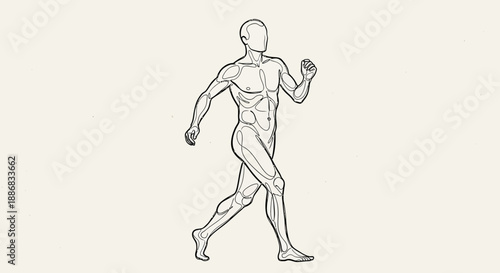 Anatomical illustration of the human body in motion, depicting the musculature and skeletal structure during a walking gait
