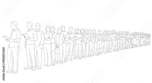 A long line of diverse people waiting patiently in a queue for service, depicted in a clean, minimalist line art style illustration