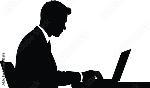 Silhouette of person in formal attire working on laptop at desk, professional and productivity theme illustration, transparent background graphic