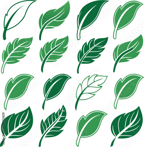 A collection of twenty stylized green leaf icons arranged in a grid pattern against a clean white background. Each icon depicts a variation of a simple leaf design, featuring smooth, rounded shapes wi