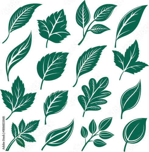 A collection of twenty stylized green leaf icons arranged in a grid pattern against a clean white background. Each icon depicts a variation of a simple leaf design, featuring smooth, rounded shapes wi
