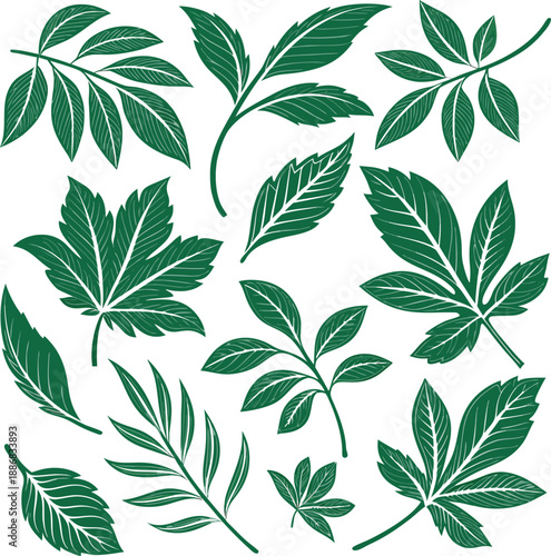 A collection of twenty stylized green leaf icons arranged in a grid pattern against a clean white background. Each icon depicts a variation of a simple leaf design, featuring smooth, rounded shapes wi