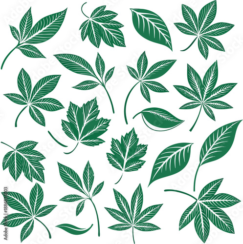 A collection of twenty stylized green leaf icons arranged in a grid pattern against a clean white background. Each icon depicts a variation of a simple leaf design, featuring smooth, rounded shapes wi