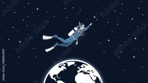 Scuba Diver Reaching For Stars Space Exploration And Underwater Connection