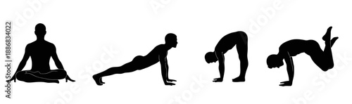 Yoga poses silhouetted against a clean background, series of four, featuring various stretching positions and flexibility exercises in a row.