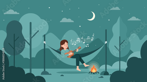 Serene Night Scene Girl Playing Ukulele Relaxing In Hammock By Campfire