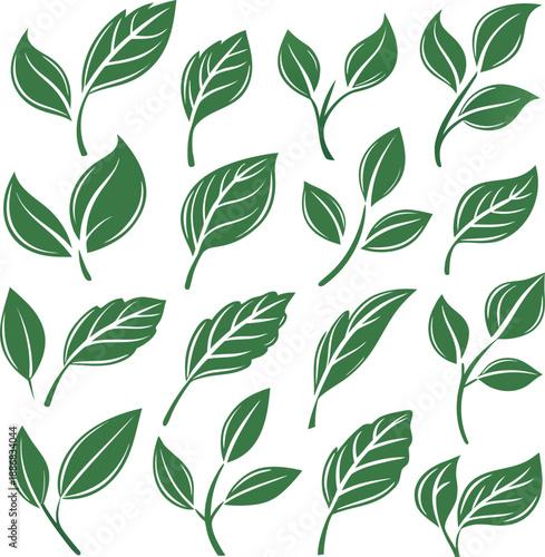 A collection of twenty stylized green leaf icons arranged in a grid pattern against a clean white background. Each icon depicts a variation of a simple leaf design, featuring smooth, rounded shapes wi
