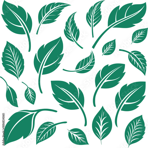 A collection of twenty stylized green leaf icons arranged in a grid pattern against a clean white background. Each icon depicts a variation of a simple leaf design, featuring smooth, rounded shapes wi