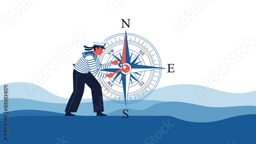 Seafarer Adjusting The Compass Rose Finding Direction In Stormy Water