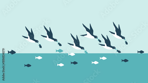 Seabirds In Flight Over Ocean With Fish In Beaks Simple Vector Illustration