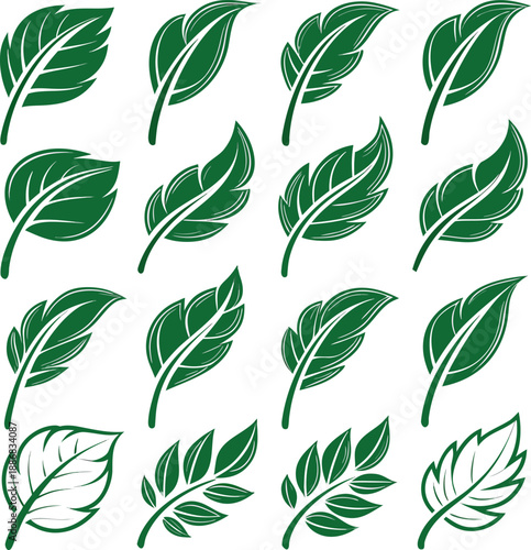 A collection of twenty stylized green leaf icons arranged in a grid pattern against a clean white background. Each icon depicts a variation of a simple leaf design, featuring smooth, rounded shapes wi