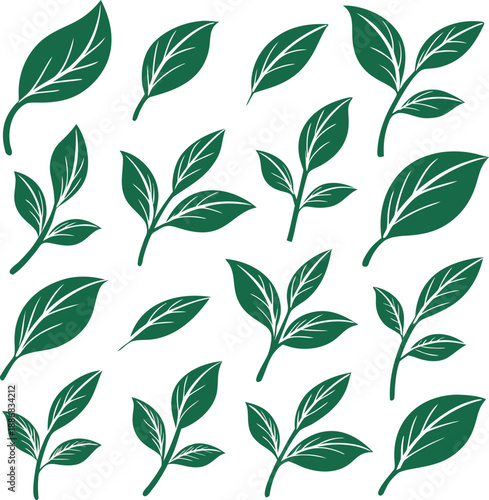 A collection of twenty stylized green leaf icons arranged in a grid pattern against a clean white background. Each icon depicts a variation of a simple leaf design, featuring smooth, rounded shapes wi