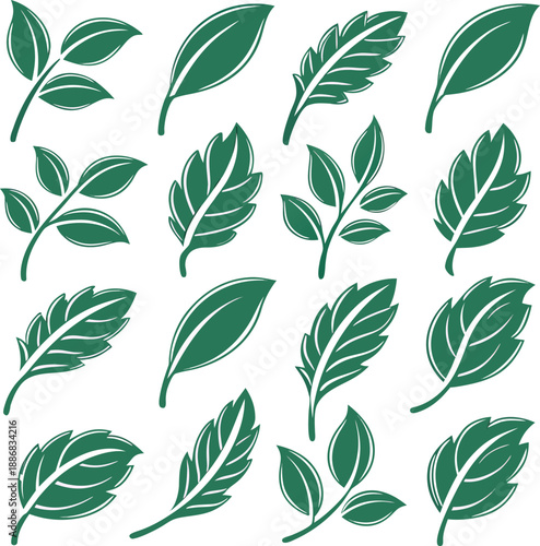 A collection of twenty stylized green leaf icons arranged in a grid pattern against a clean white background. Each icon depicts a variation of a simple leaf design, featuring smooth, rounded shapes wi