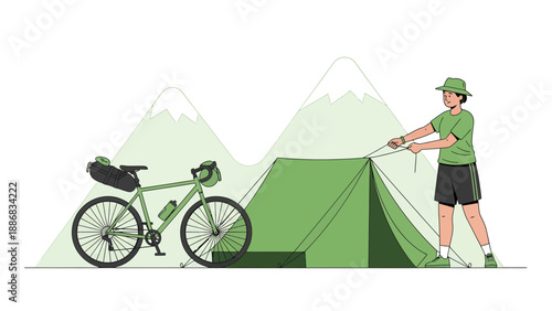 Setting Up Camp After Bicycle Touring In The Mountains On A Sunny Day