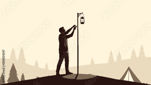 Setting Up Camp Lantern Silhouette In The Wilderness Adventure Scene