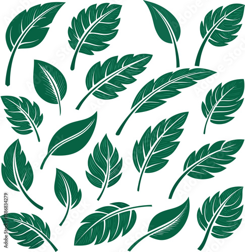 A collection of twenty stylized green leaf icons arranged in a grid pattern against a clean white background. Each icon depicts a variation of a simple leaf design, featuring smooth, rounded shapes wi