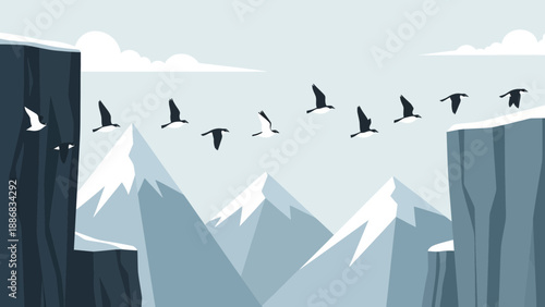 Silhouette Birds Flying Over Snowy Mountain Peaks Between Rocky Cliffs Landscape