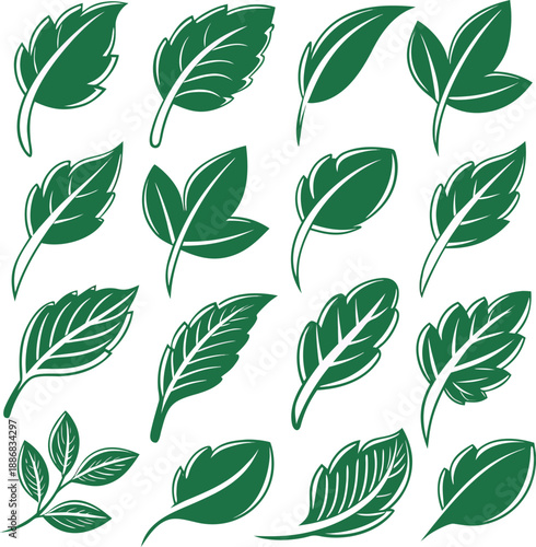 A collection of twenty stylized green leaf icons arranged in a grid pattern against a clean white background. Each icon depicts a variation of a simple leaf design, featuring smooth, rounded shapes wi