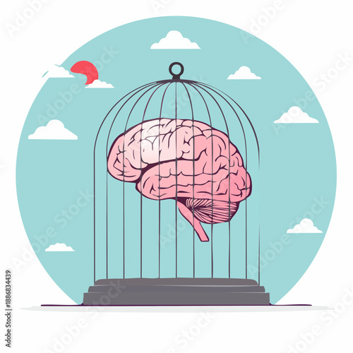 Conceptual illustration of a brain inside a cage representing mental limits