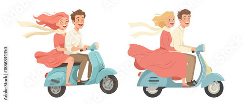 Set of two illustrations of a couple riding a scooter