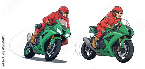 Set of illustrations of a motorcycle racer on a green sport bike