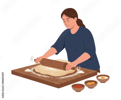 Woman rolling dough with wooden rolling pin on board