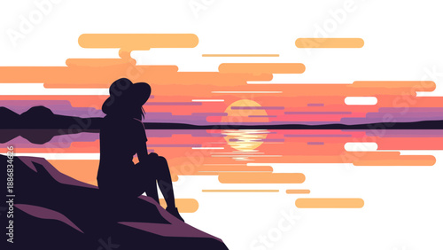 Silhouette Of Woman Enjoying Peaceful Sunset At Lakeside With Modern Geometric Design