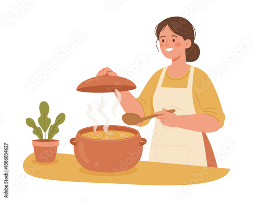 Woman serving steaming soup from large pot