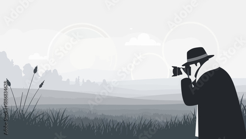 Silhouette Photographer Capturing Scenic Landscape In Monochrome Hues Outdoors