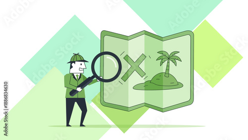 Searching For Adventure With Tropical Island Map And Magnifying Glass