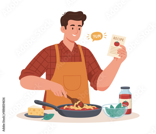 Man cooking pasta with recipe card and yum speech bubble