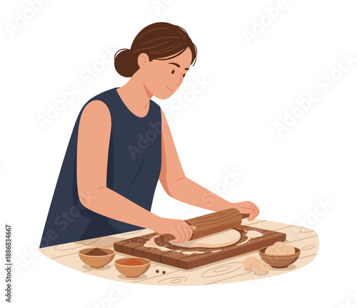Woman rolling dough on wooden board with ingredients