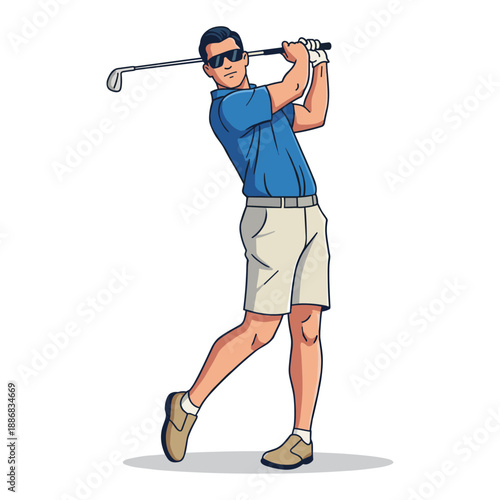 Man swinging golf club in mid-swing pose
