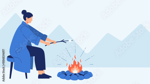 Simple Recreation Time With Campfire And Marshmallow Illustration in Flat Design