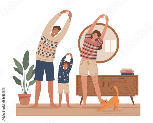 Family of three stretching together at home