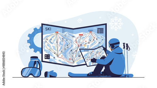 Skier Planning Trip Using Foldable Paper Map For Winter Adventure