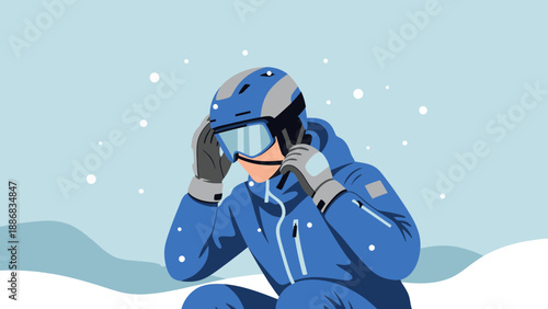 Skier Adjusting Goggles On A Snowy Day At The Mountain Resort