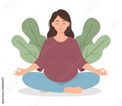 Pregnant woman meditating in lotus pose with leaves