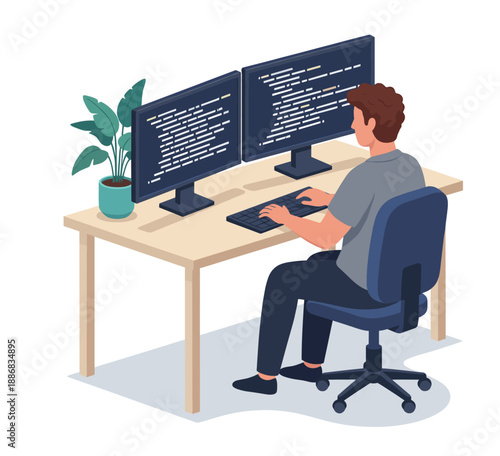 Programmer working on dual monitors at office desk