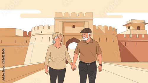 Senior Couple Enjoying Vacation At Ancient Historical Landmark Together