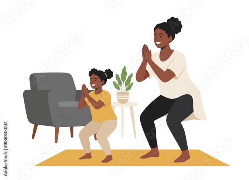 Mother and daughter doing squats together at home