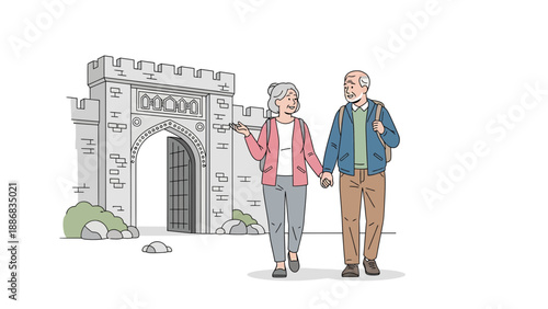 Senior Couple Enjoying Retirement Exploring Historical Architecture Together in Sunny Day