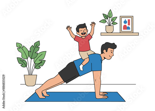 Father doing plank with son on his back laughing