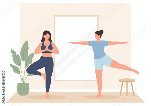 Two women practicing yoga poses in living room