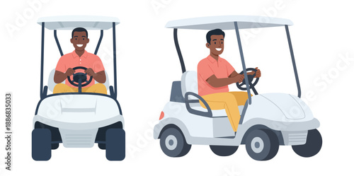 Man driving white golf cart from front and side