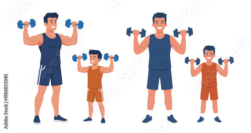 Father and son lifting dumbbells in gym attire