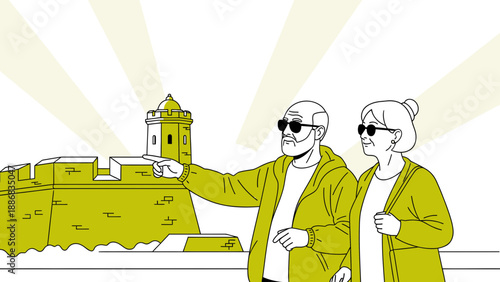 Senior Couple Enjoying Vacation At Fortress With Sunglasses and Retro Style