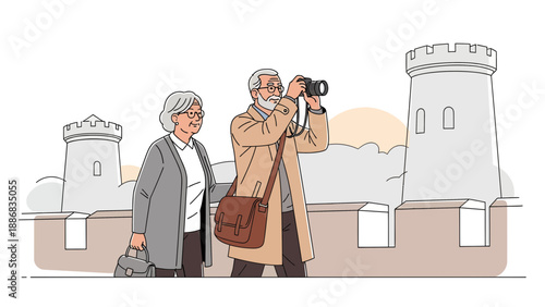 Senior Couple Enjoying Vacation Exploring Ancient Castle Architecture With Camera